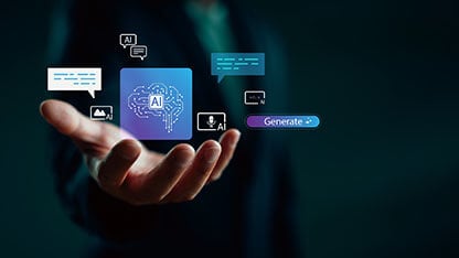 Businessman presenting AI technology icons, including chatbot, voice assistant, and image generation, symbolizing artificial intelligence, innovation and digital transformation in modern business