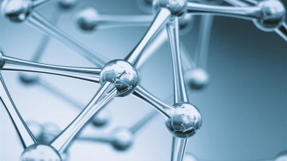 A transparent plastic molecule structure, representing polymers testing, polymer compounding, and processing.